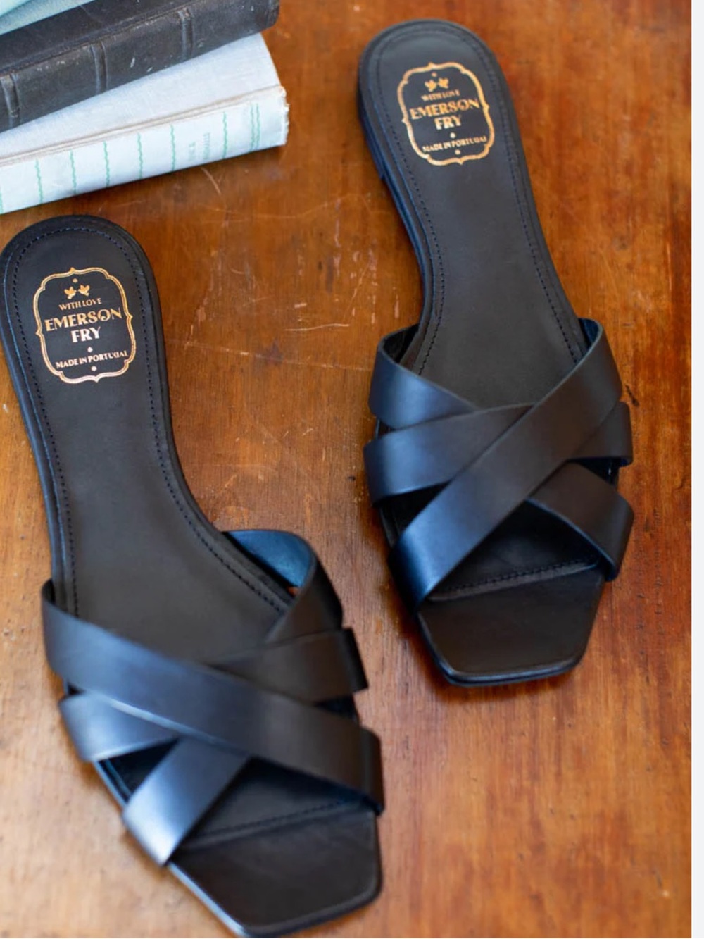 Emerson Fry Black Leather Crisscross Slide Sandals - Picture 6 of 10
